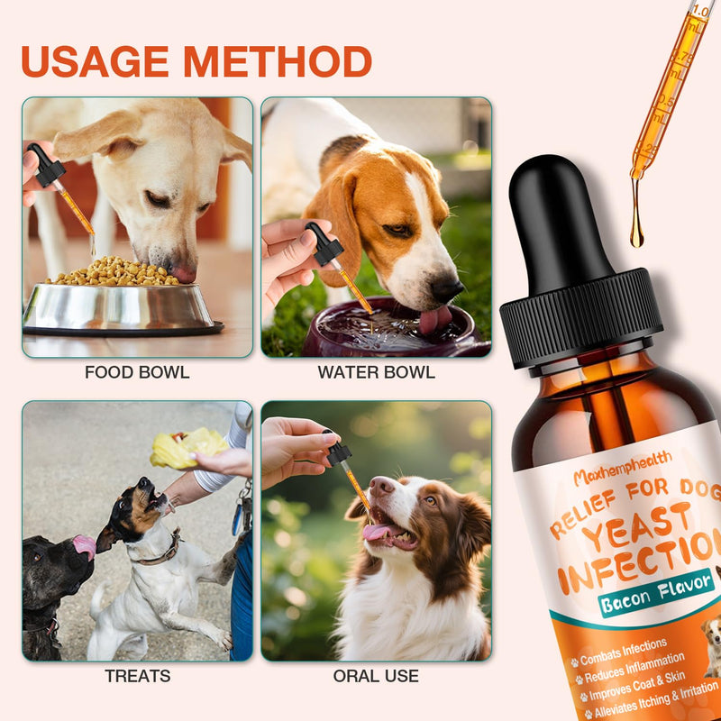 Yeast Infection Treatment for Dogs - Natural Yeast Relief for Dogs - Anti-Yeast Drops for Itchy Ears, Paws & Skin Allergy Relief, Herbal Supplement for Dog, 2 FL OZ Bacon Flavor