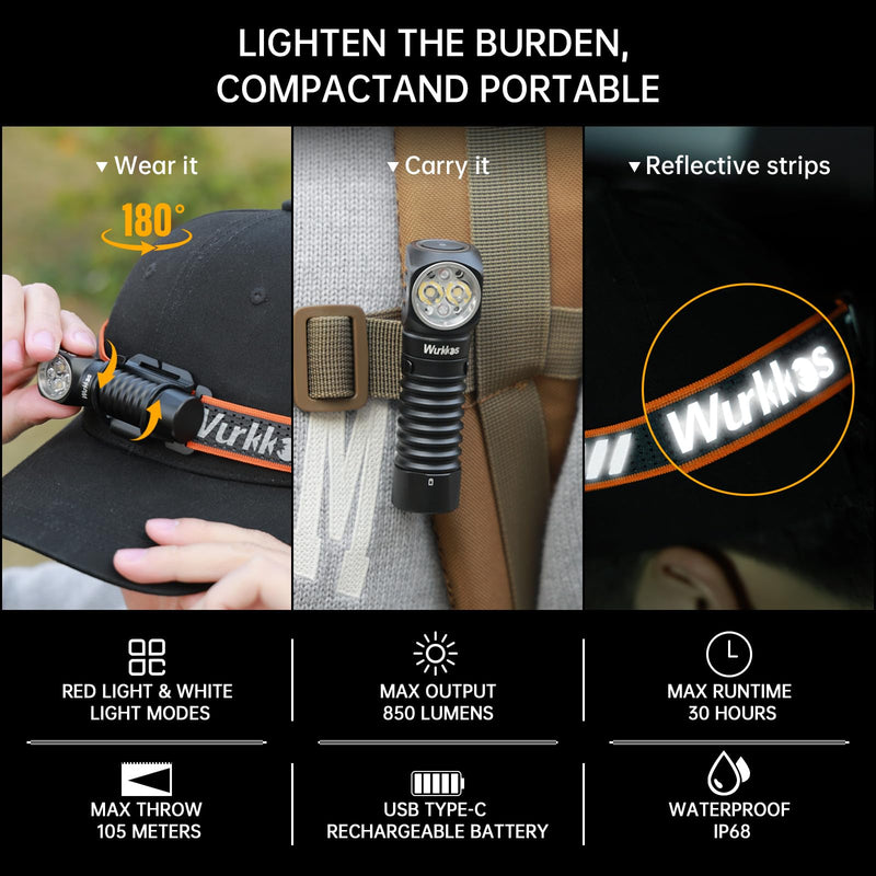 Wurkkos Headlamp,HD12 850LM Rechargeable Headlamp,Head Lamps Led Rechargeable,Mini AA Head Lights,Camping headlamps with Red Light,Waterproof,for Kids and Adults,Hiking,Emergency,Outdoor,Hard Hat - BeesActive Australia