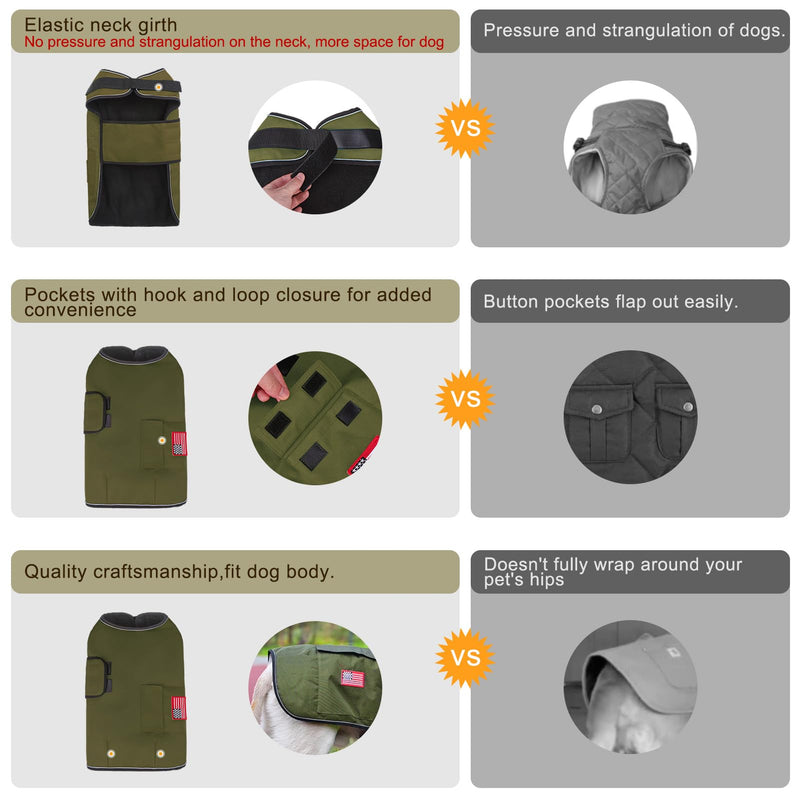 BEAUTYZOO Reflective Dog Winter Coat for Small Medium Large Great Dane Dogs,Winter Dog Jacket with Fleece Lining Dog Cold Weather Coat,Oxford Canvas Waterproof Windproof Dog Clothes,Easy Wear Dog Vest XL(Chest Girth 34"-45", Back 24", Neck 24"-29") Green - BeesActive Australia