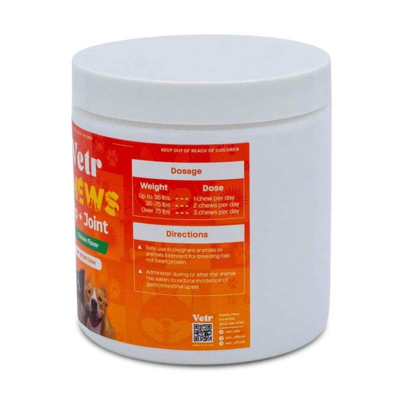 Vetr Hip and Joint Chicken Flavored Chews for Dogs - Glucosamine Chondroitin MSM Supplement - 120 Chewable Tablets - Vet-Formulated in USA