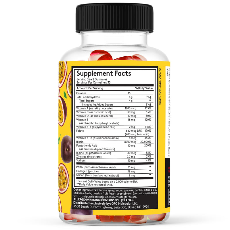 70 Hair Gummies Biotin 6000mcg Collagen Silicon PABA & Multivitamins | Hair Skin and Nails Vitamins Gummy for Women | B Complex Folic Acid 400mcg Vitamin A C D E & Zinc for Hair Growth | Pectin-Based