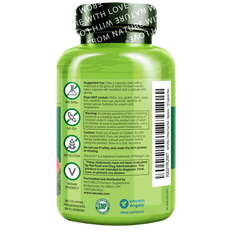 NATURELO Multivitamins for Teenage Girls/Boys, 120 Capsules | Whole Food Multivitamin with Minerals, Non-GMO, Vegetarian 120 Count (Pack of 1)