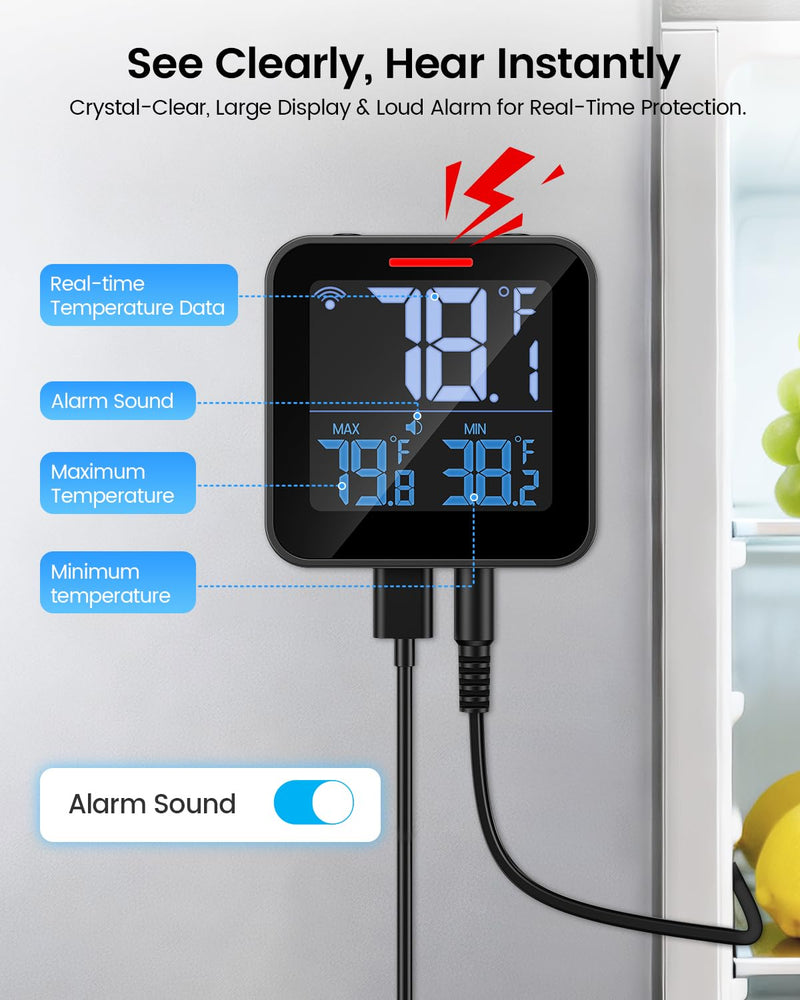 WiFi Refrigerator Thermometer with Freezer Alarm, Digital Fridge Temperature with App Alert, Loud Buzzer & Indicator Alarm, 1-Year Data Export, Freezer Monitor for Kitchen Fish Tank Hot Tub - BeesActive Australia