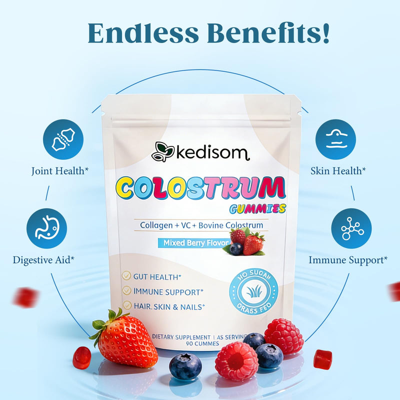 Colostrum Gummies, Grass Fed Colostrum Supplement, 90 Bovine Colostrum Gummies, 45 Servings, Mixed Berry, Sugar-Free