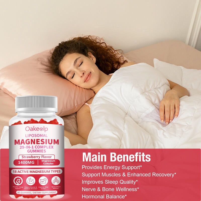 29-in-1 Liposomal 18 Active Types Magnesium Complex 1400MG Gummies,Citrate Glycinate Malate etc,Mild & Efficient,Extra Vitamin B6 B12 D3K2 & CoQ10, Relaxation Nerve* & Hert* Support 60 Count (Pack of 1)