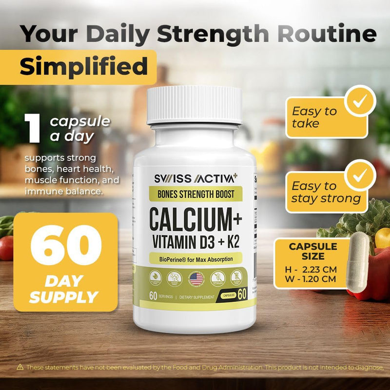 Swiss Activa+ Labs Vitamin D3 & K2 Supplement, Bone, Heart & Immune Support | D3 K2 Vitamins for Men & Women, Muscle Function, Immune & Heart Health, Vegan, Non-GMO, 60 Day Supply 60 Count (Pack of 1)