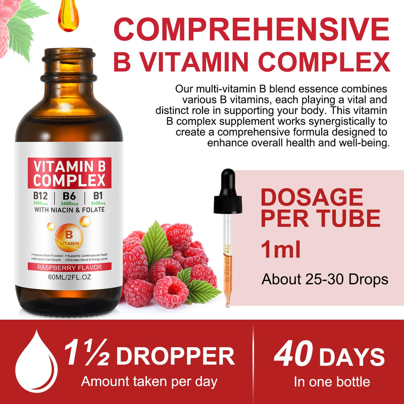 Vitamin B Complex Liquid, Vegan Vitamin B12 Liquid Drops | B12 Methylcobalamin | B1 Thiamine | B6 Pyridoxine | Folic | Niacin - B Complex Liquid Drops, Support Energy, Brain & Heart, 40 Servings