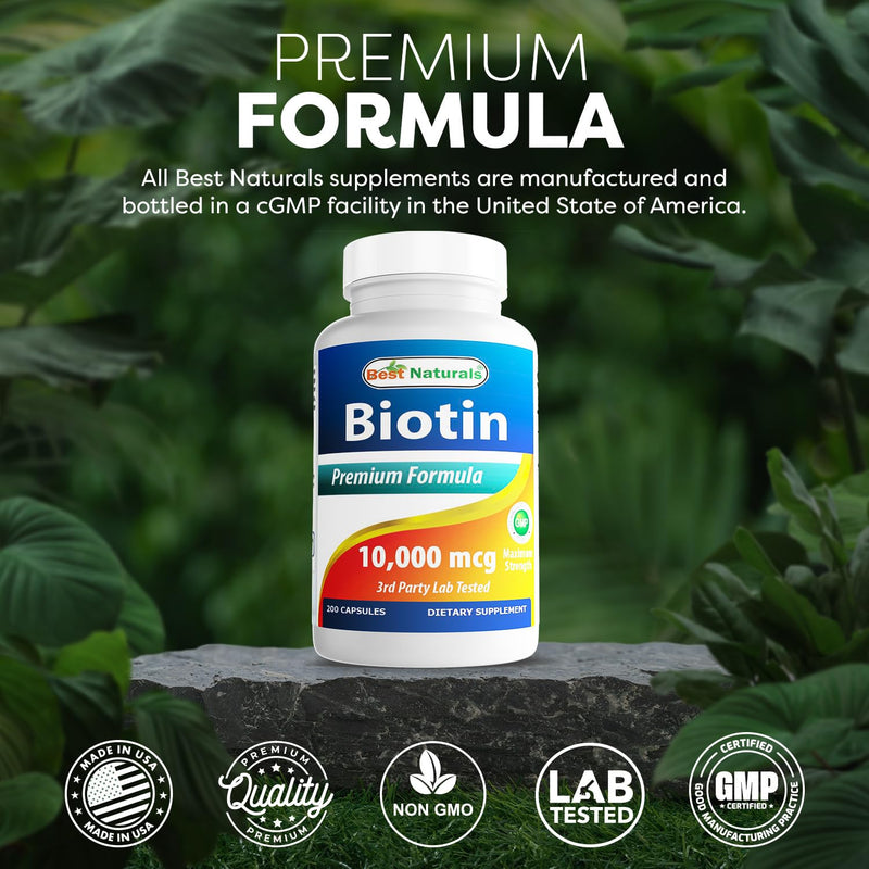 Best Naturals Maximum Potency Biotin 10,000 Mcg for Healthier and Longer Hair Growth Support Formula, 200 Count