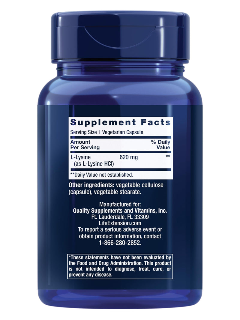 Life Extension L-Lysine,620 mg,Essential Amino Acid for Healthy nitrogen Balance,Calcium Metabolism,Stress Response & More,Gluten-Free,Non-GMO,Vegetarian,100 Capsules,(Pack of 2) 100 Count (Pack of 2) Standard Packaging