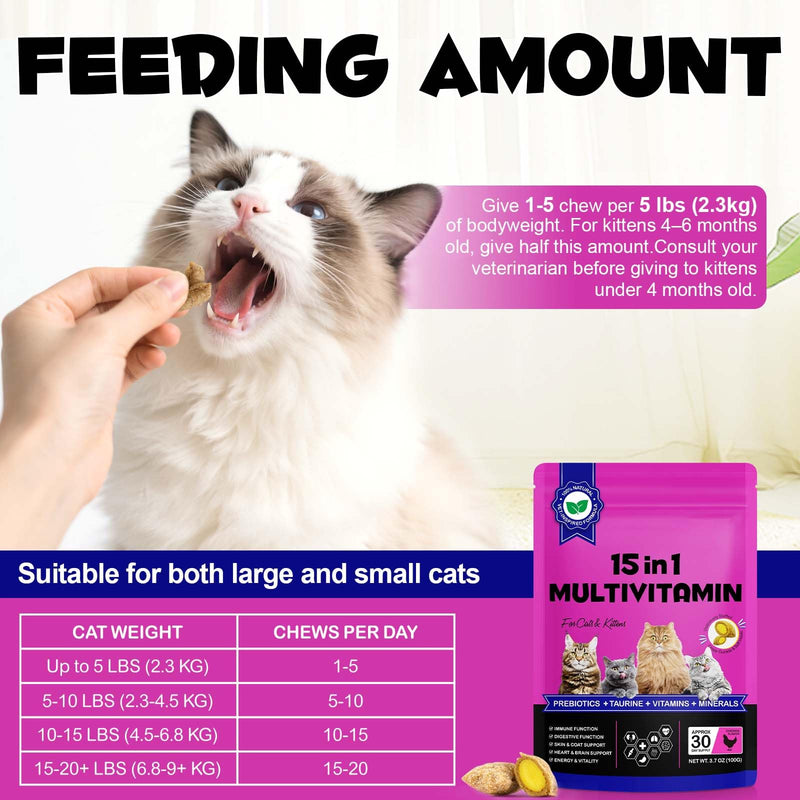 15-In-1 Multivitamin Supplements Chews For Cat & Kittens - Natural & Healthy Treat Vitamins Snacks With Prebiotics,Taurine For Gut,Immune, Digestive, Joint, Heart,Skin & Coat Support - Chicken Flavour
