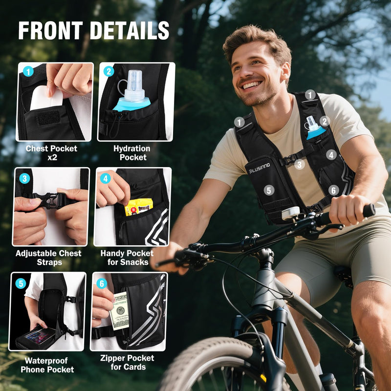 Running Vest for Women Men, Running Hydration Vest with 500ml Soft Flask & Touch-Screen Phone Pocket, Reflective Lightweight Hydration Backpack for Hiking with Adjustable Chest Waist Straps Medium-Large (Chest 33"-48")