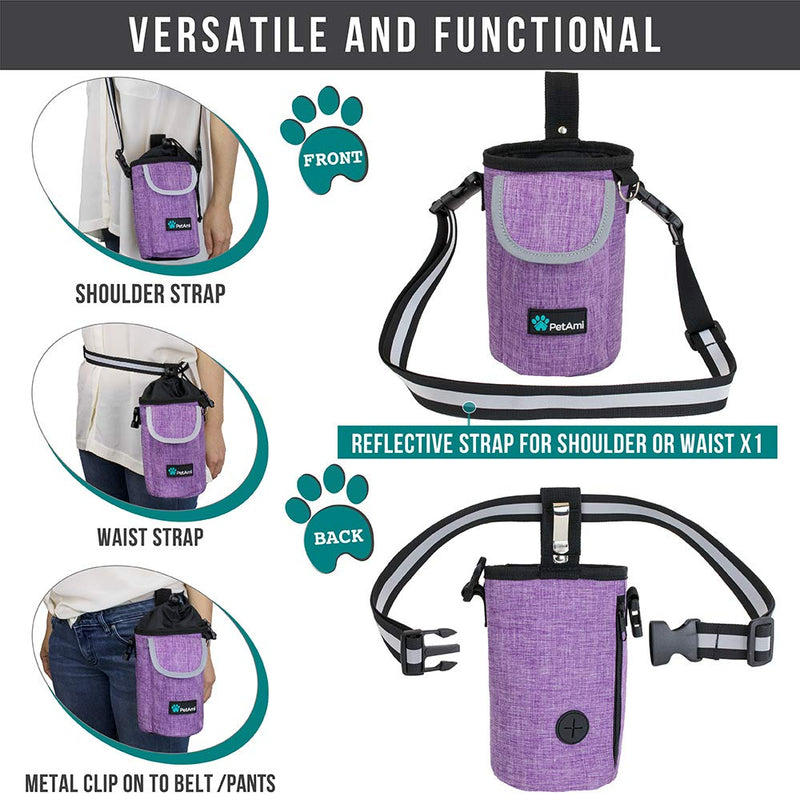 PetAmi Dog Treat Pouch, Large Pet Training Treat Pouch with Pocket, Dog Trainer Essentials Supply Holder with Poop Bag Dispenser, Training Bag for Kibbles Toys, 3 Ways to Wear (Purple) Purple - BeesActive Australia