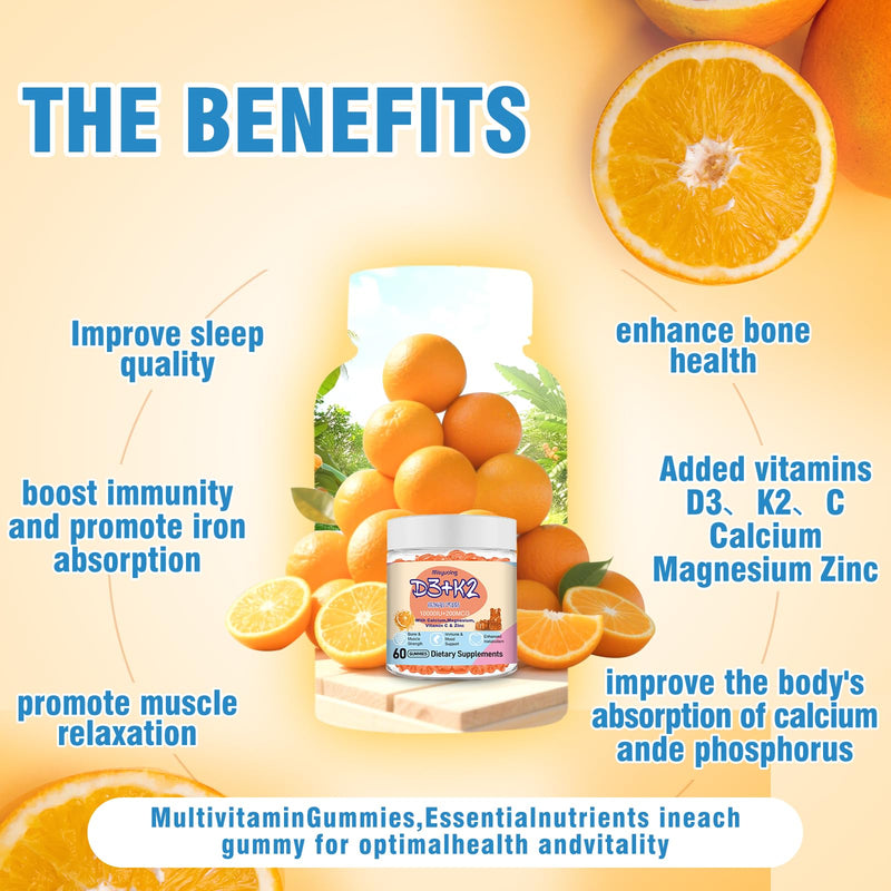 Vitamin D3 K2 Gummies,Vitamin D3 10000 IU with K2 200mcg,VitaminC,Calcium,Magnesium,Zinc,Support for Bones,Joints,Muscles,Nerves,and Immune System (60,Orange,Sugar-Free) Orange