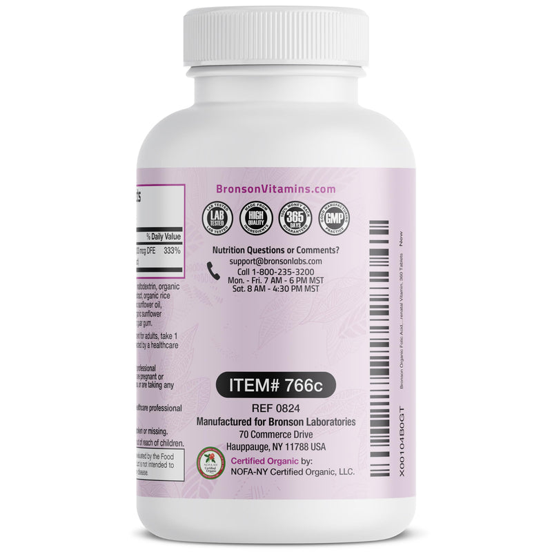 Bronson Folic Acid 800 mcg, USDA Certified Organic, 360 Tablets | From Whole Lemon Peel Extract, Prenatal Development Support, Vegetarian, Non-GMO, Gluten-Free & Soy-Free Unflavored 360 Count (Pack of 1)