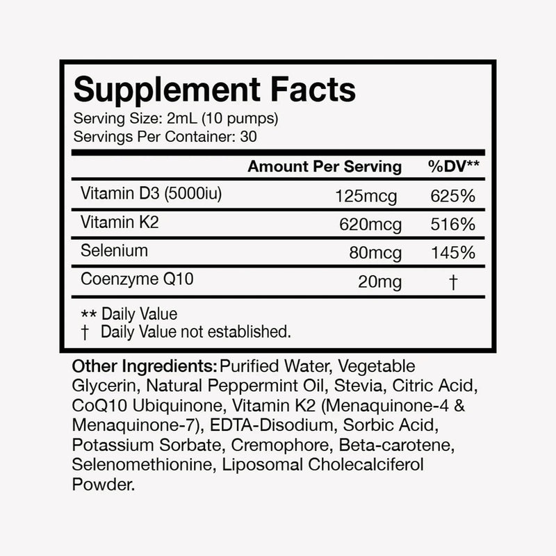Terra Health Essentials Liposomal Vitamin D3 + K2 with CoQ10 & Selenium - High Absorption Liquid Supplement for Bone & Heart Wellness, Calcium Support, Immune & Mood Balance - 2oz, 30-Day Supply