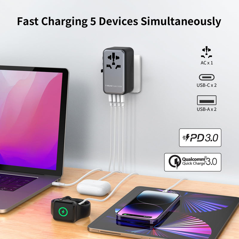 MOMAX Universal Travel Adapter, 100W Fast GaN International Power Adapter, 2PD USB-C+2QC USB-A Travel Adapter, US, UK, EU, AU Travel Adapter Worldwide for Laptops, Tablets, Phones, Vision Pro - BeesActive Australia