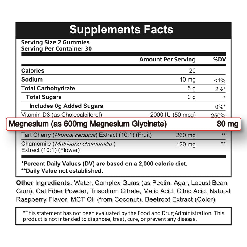 2pack Magnesium Glycinate Gummies 600mg,Magnesium Gummies Sleep & Calm | With Vitamin D3, Tart Cherry & Chamomile for Calm Support, Easy-to-Take Clump-Resistant Formula, Third-Party Tested 60 Count (Pack of 2)