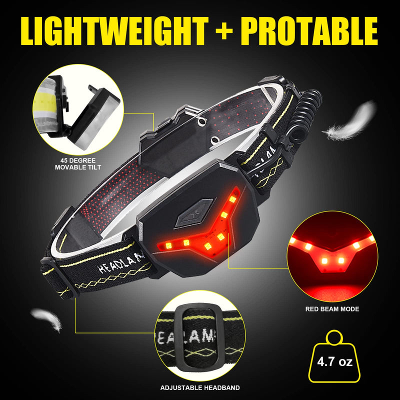 EXIN DECHEN LED Headlamp Rechargeable, 1200 Lumen Super Bright Headlamp Flashlight, 270° Wide Beam LED Headlamps with Red Taillight, 8 Mode Lightweight Waterproof Head Lamp Black 2pack-Y012