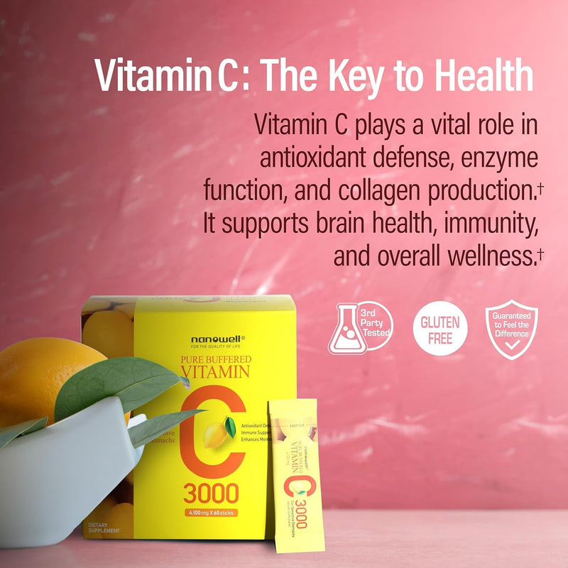 NANOWELL Buffered Vitamin C 3000mg Powder Sticks – Business Pack | 60 Sticks | Flavorless, Non-GMO, Easy Mix for Daily Wellness