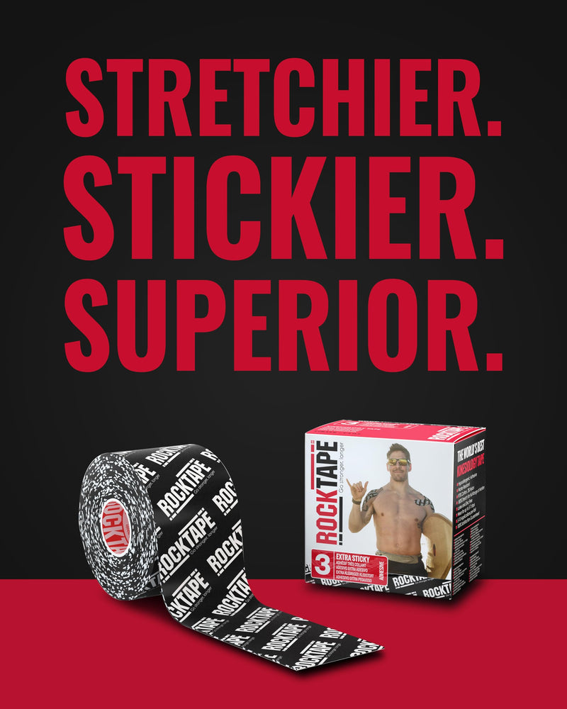 RockTape Extra Sticky Kinesiology Tape - Athletic Tape for Muscle Pain Relief, Injury Recovery - Microscopic Skin Lifting & Decompression - Sweat & Water Resistant Logo Black - BeesActive Australia