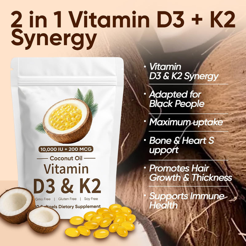 Naturals D3 K2, Vitamin D3 10000 IU + K2 200 MCG, Vitamin D3 & K2 Coconut Oil Softgels Capsules for Bone, Immune Health, Boosts Energy & Calcium Absorption, 180 Gels (1) 1