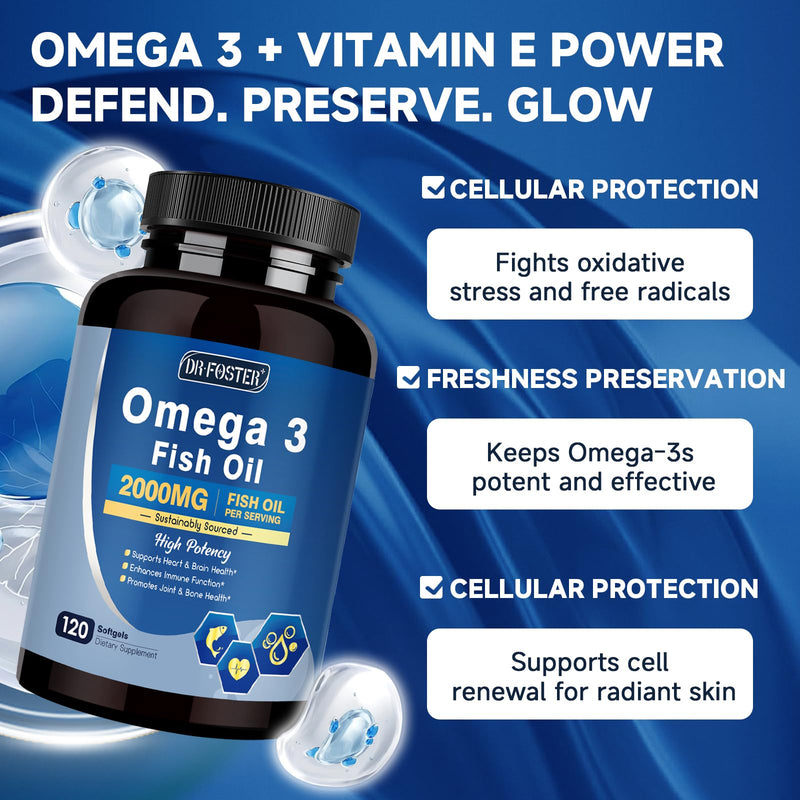 DRFOSTER Advanced Omega-3 Fish Oil 2000mg with DHA, EPA & ALA, 120 Softgels | High Potency DHA, EPA, and ALA with Vitamin D3 and E, Supports Heart, Brain, Joint, and Immune Health, Antioxidant 120 Count (Pack of 1)