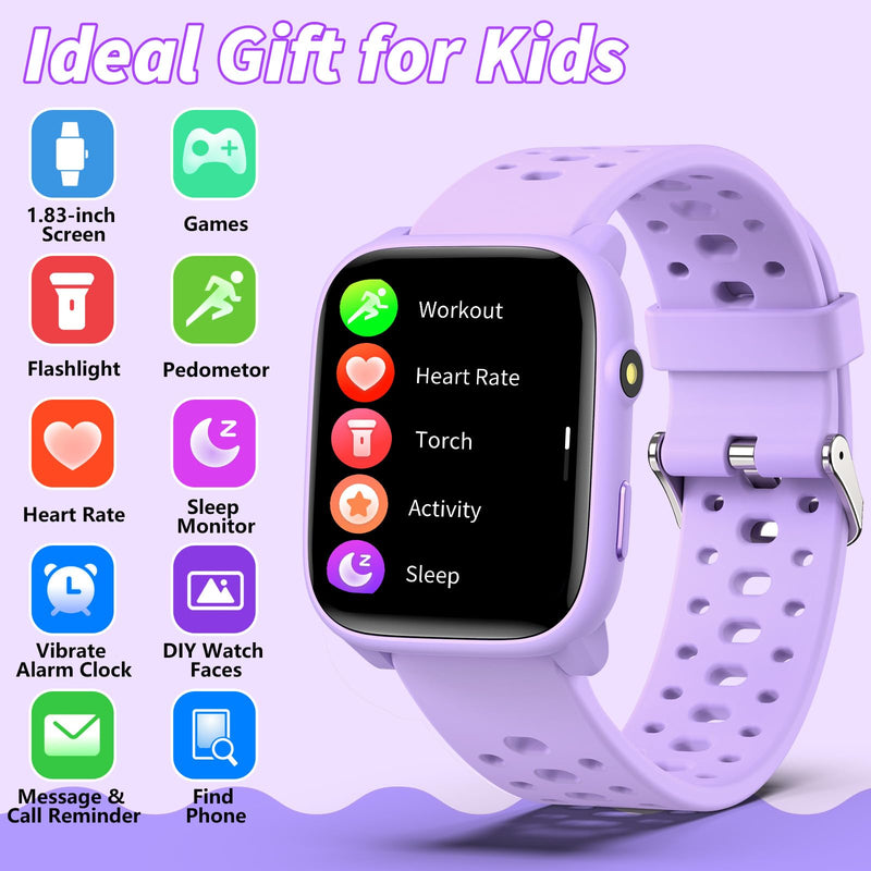 Smart Watch for Kids, 1.83" Fitness Tracker Watch Pedometer, Heart Rate, Sleep Monitor, IP68 Waterproof, Pedometer, Puzzle Games with/Without APP for Girls Boys Teens 6-16 Purple