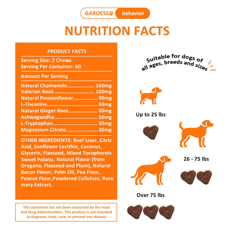 Quiet & Concentration Herbal Chews for Dogs, Behavior Support Supplement with Chamomile, L-Theanine, Valerian Root, ashwagandha, Bacon Flavor, Large container-120 Soft Chews, 12.69 oz (1) 1