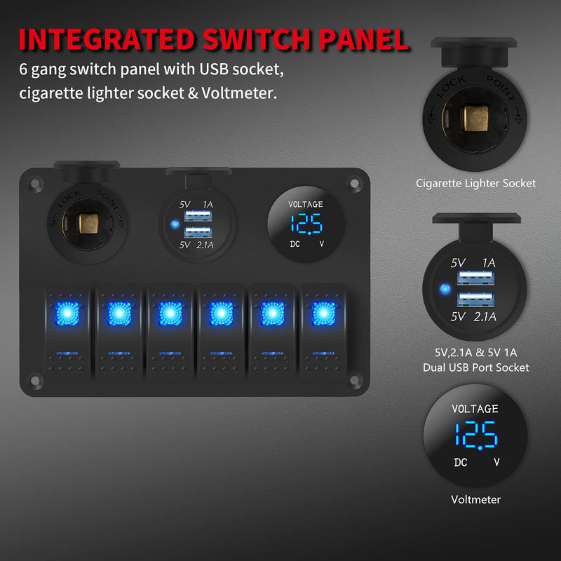 DaierTek 6 Gang Marine Rocker Switch Panel Waterproof 12 Volt, Boat Toggle Switch Panel 12V Blue LED Lighted for Boat Car RV UTV with USB Cigarette Lighter Socket Voltmeter