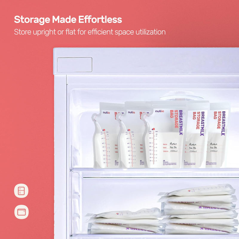 Nuliie 120 Pcs Breastmilk Storage Bags, 8 OZ Breast Milk Storing Bags, BPA-Free, Milk Storage Bags with Pour Spout for Breastfeeding, Self-Standing Bag, Space Saving Flat Profile 120 Count (Pack of 1) - BeesActive Australia