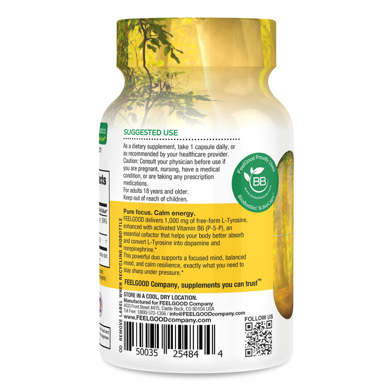 Feelgood Company L-Tyrosine with Vitamin B6 (P-5-P), 1000 mg, Mental Alertness and Cognitive Function Support, 60 Capsules, 2 Month Supply