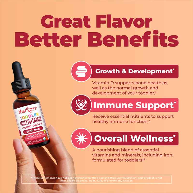 MaryRuth's Organic Toddler Multivitamin Drops with Iron, Vegan, 30 Servings | USDA Organic, Immune Support, Bone Health, Growth & Development, Overall Wellness Cocomelon Todder Multi + Iron