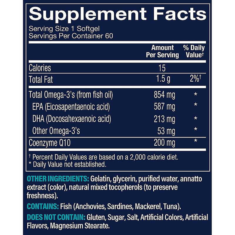 Vthrive Omega-3 & CoQ-10, Cardiovascular, Brain & Eye Support, 60 Softgels | 587 MG EPA, 213 MG DHA, 200 MG CoQ10, Sustainably Sourced Fish Oil, Non GMO, Gluten Free, Nut Free, 60 Servings