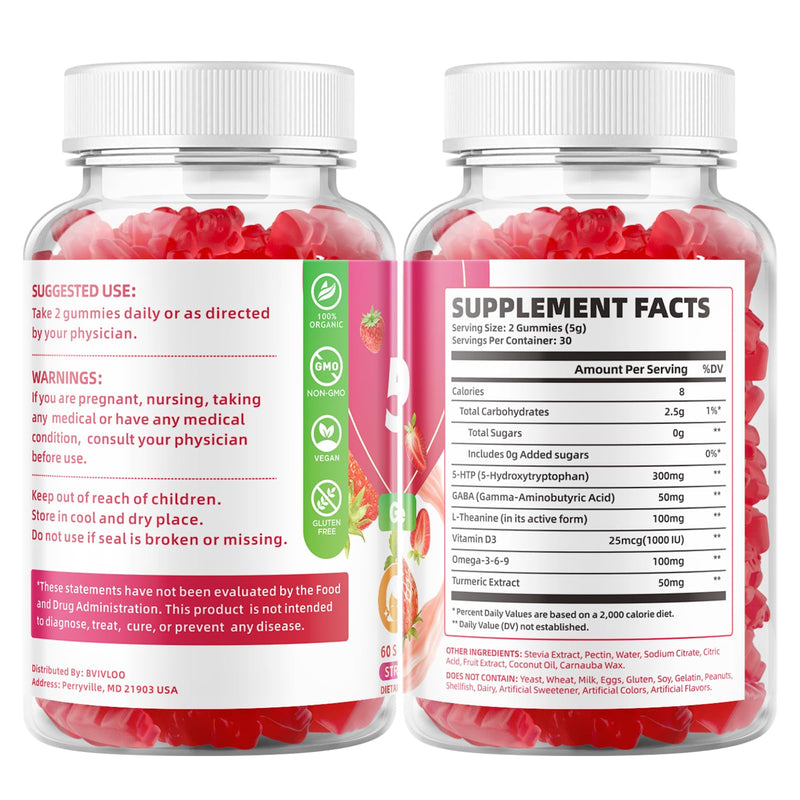 2 Pack 5-HTP Gummies + GABA - L-Theanine, Vitamin D3, Circadian Rhythm for Adults, Strawberry Flavor, 120 Count 2pack
