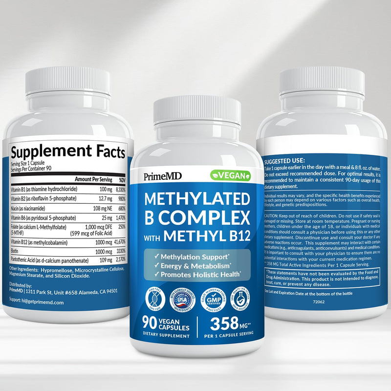 Methylated B Complex with Methylfolate and B12 Methylcobalamin 1000 mcg - Methylated Multivitamin for Energy, Brain Function, and Wellness - Vitamin B Complex for Men & Women (360 Servings, Pack of 4) 90 Count (Pack of 4)