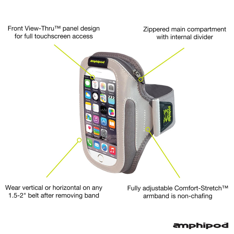 Amphipod ArmPod SmartView Sumo Armband, Reflective Arm or Belt Cell Phone Accessory with Zip Storage for Running & Walking - Silver/Charcoal - XL