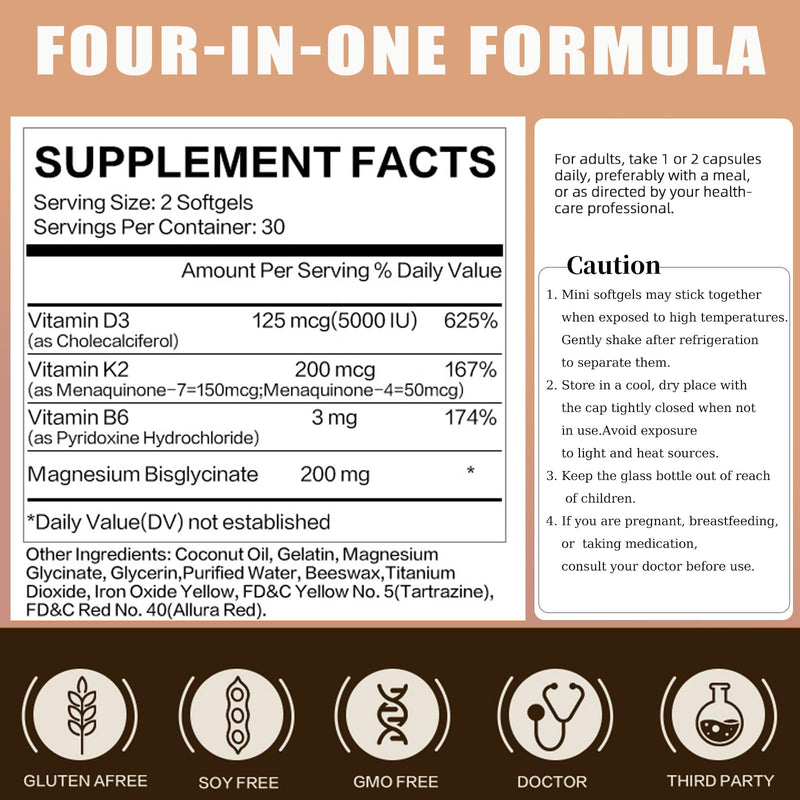 LIIFE D3 K2 with Magnesium Bisglycinate & B6, 5000 IU D3, MK7&MK4 K2 | Complex blend D3 K2, Magnesium Bisglycinate & B6 with coconut oil. High absorption, Non-GMO & Gluten-Free formula