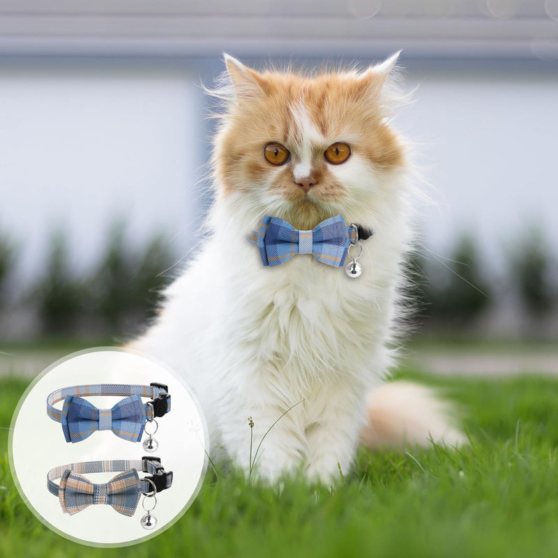 Pack of 2 Cat Collar with Breakaway Bow Tie and Bell, Blue White Checked Cat Collar with Quick Release, Adjustable Plain Set for Kittens and Puppies - BeesActive Australia