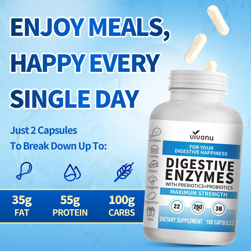 VivoNu Digestive Enzymes | 22 Enzymes with Organic Prebiotics & Probiotics | Supports Digestion* of Protein, Carbs, Fiber & Dairy | 180 Capsules 180 Count (Pack of 1)