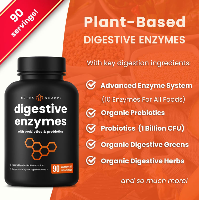 NutraChamps Digestive Enzymes with Probiotics and Prebiotics for Women & Men - 90 Vegan Capsules with Bromelain for Bloating & Optimal Gut Health 90 Count (Pack of 1)