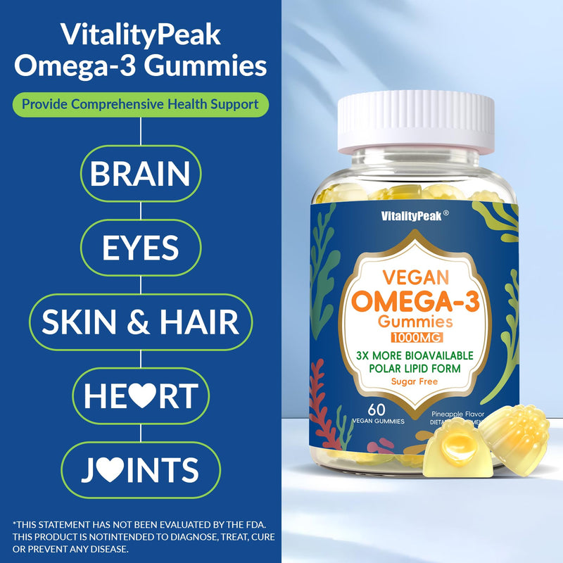 Vegan Omega 3 Gummies 1000mg - Algae Omega 3 Supplement for Women & Men with CoQ10, Vitamin D3, K2 & Turmeric - Fish Oil Alternative for Adults with DHA EPA for Brain, Eye- Sugar Free, 60 Count 60 Count (Pack of 1)