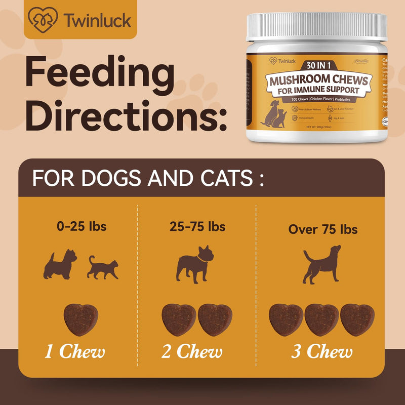 Turkey Tail Mushroom Chews for Dogs & Cats, 100 Chews, 7 Mushroom Blend with 6 Probiotic Strains, Daily Immune and Digestive Support