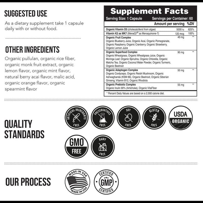 Organic Plant D3 + K2 | 5000 iu D3 + 120 mcg K2 as All-Trans MK7 from MenaQ7® - 100% Whole Food, Raw & Vegan | Enhanced Digestion with Prebiotic & Superfood Complex – D3 from Organic Algae (60 Count) 60 Count (Pack of 1) - BeesActive Australia