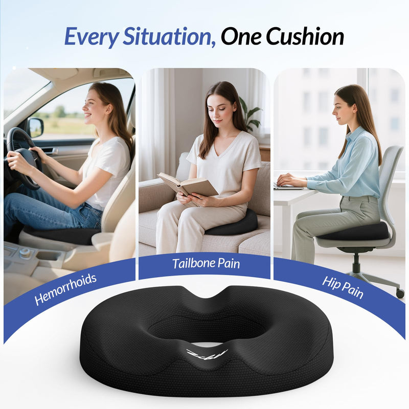 ZIKEE Dual U-Shaped Donut Pillow for Tailbone Pain, Hemorrhoid Pillow for Sitting with Pressure Relief Hole & Slope Design, Donut Seat Cushion for Coccyx, Postpartum & Post Surgery Sitting Relief Black