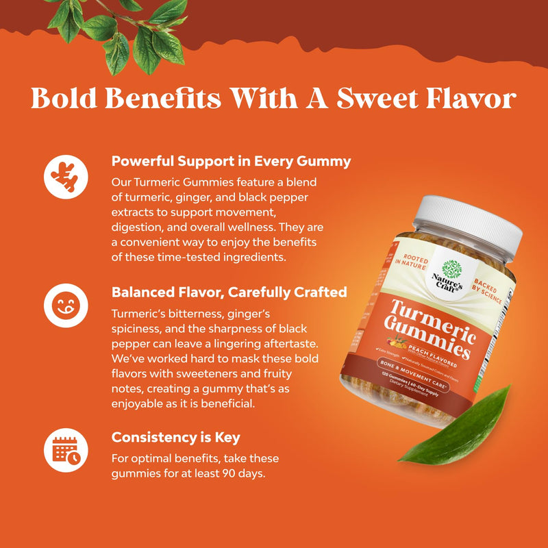 Natures Craft Turmeric Gummies for Adults - Extra Strength Immune Support Gummies with Turmeric Curcumin, Black Pepper Extract and Ginger - Peach Flavor Vitamins for Adults - 120 Count 120 Count (Pack of 1)