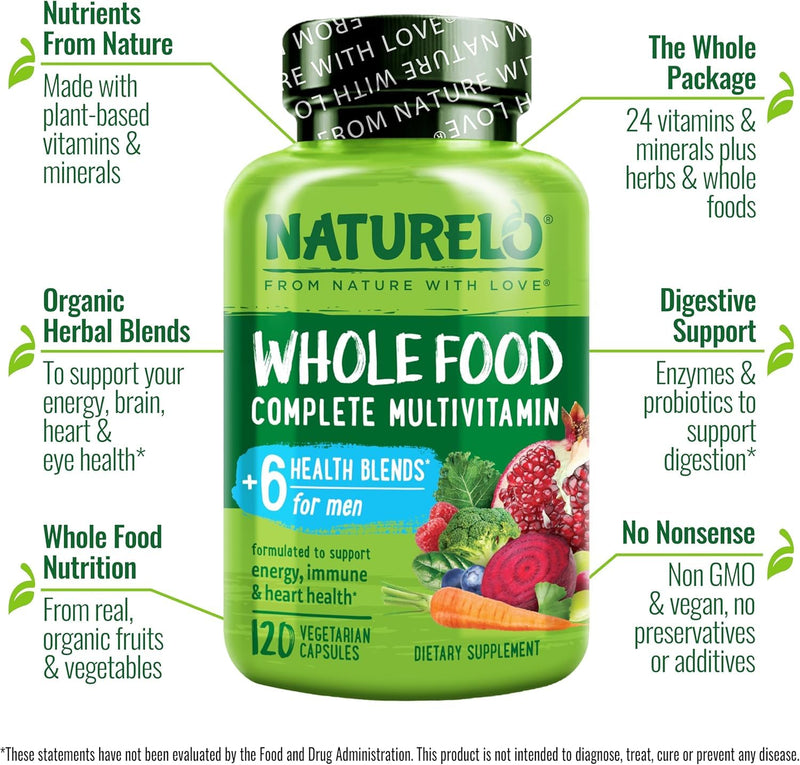 NATURELO Men's Multivitamins - Whole Food Multivitamin for Men, 120 Caps | Vitamins, minerals, vegetarian capsules, energy, brain, heart, eye health* 120 Count (Pack of 1)