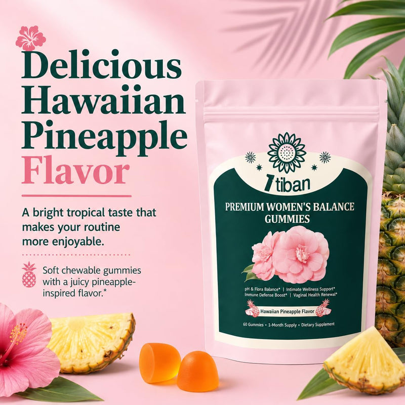 Pineapple Gummies for Women pH Balance, Feminine Probiotics for Vaginigal Health, Nutrition Feminine Gummies, Immune Support, Vegan, Gluten-Free, Hawaiian Pineapple 60 Gummies 30 Servings Pink