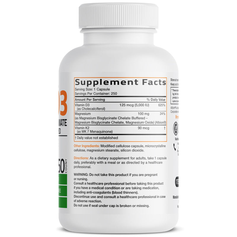 Bronson Vitamin K2 + D3 Magnesium Glycinate, Vitamin K2 as MK-7, 3 in 1 Formula, 250 Capsules 250 Count (Pack of 1)