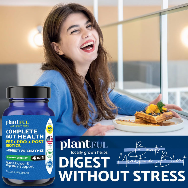 4-in-1 Pre Post Probiotics & Digestive Enzymes - Complete Gut Health & Digestive Support for Women & Men - Prebiotic Probiotic & Postbiotic Gas & Bloating Relief – 60 Non GMO Capsules