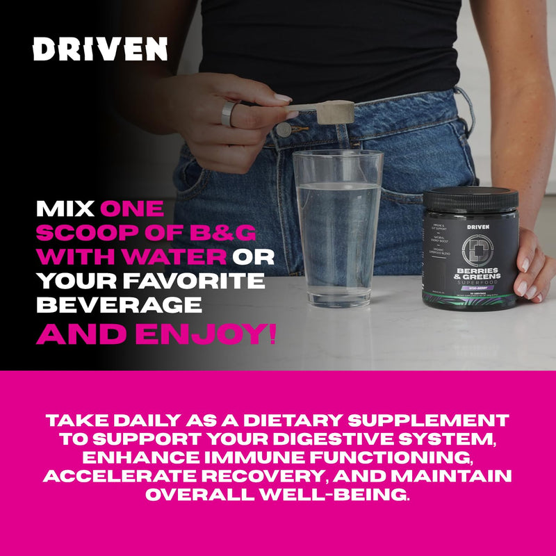 Driven B&G Berries & Greens Superfood Powder, 30 Servings - Organic Plant-Based Formula with Probiotics & Digestive Enzymes -Supports Recovery, Healthy Digestion, and Immune Function WOD-Berry